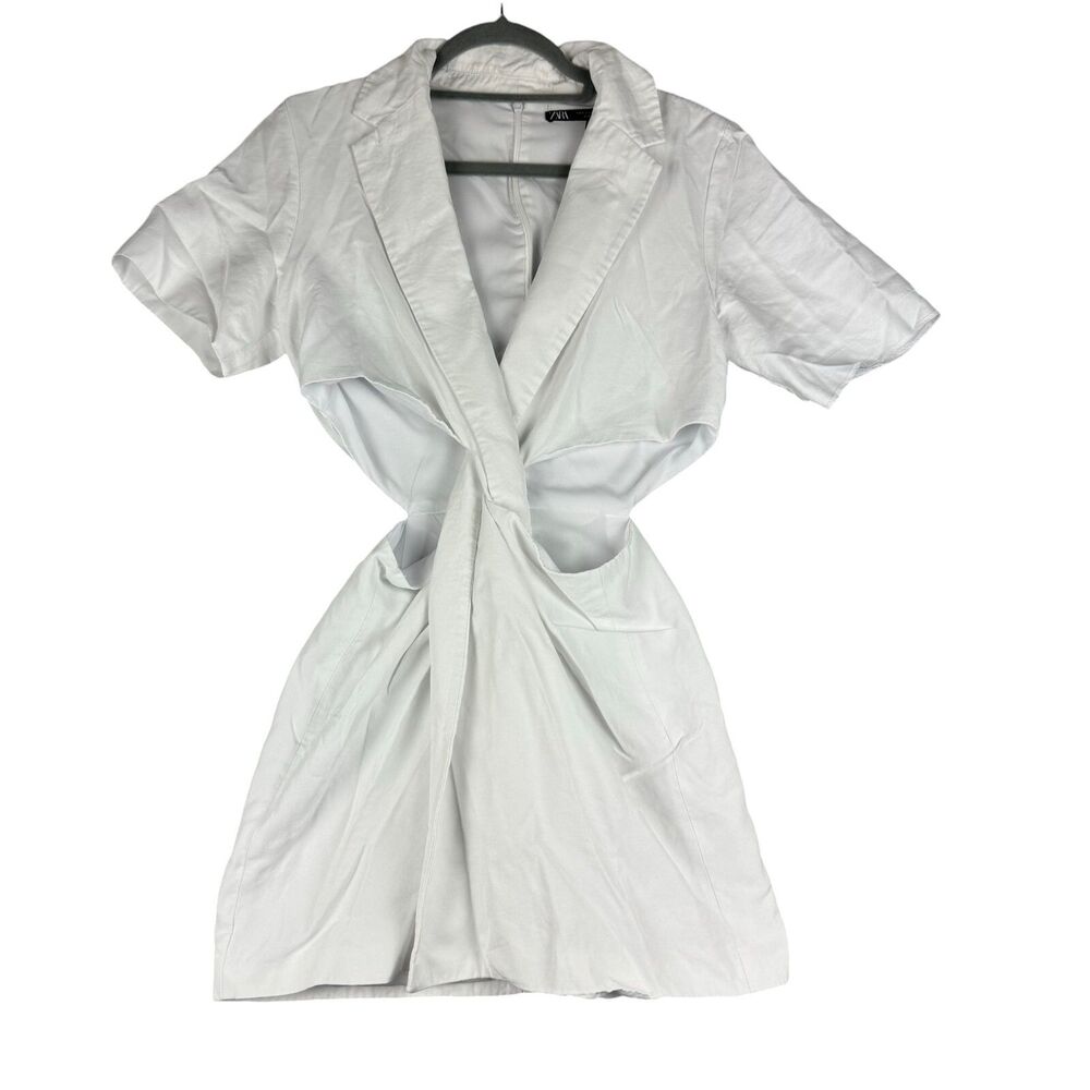 Zara Dress Women's Small White Mini Blazer Cutout Collared V-Neck Flap Casual